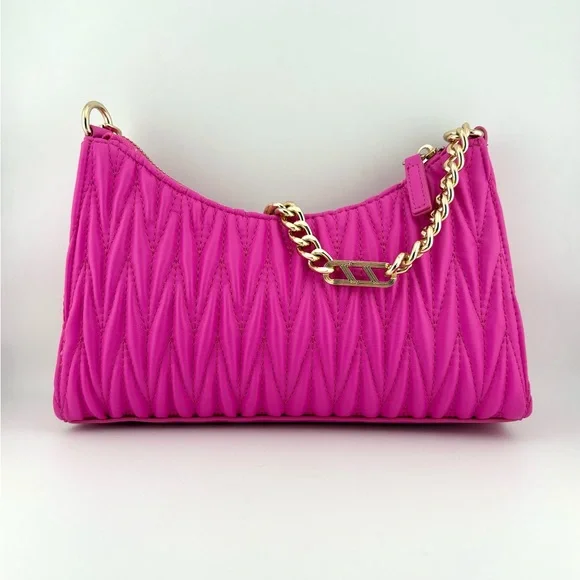 Aldo Hot Pink Quilted Chain Shoulder Bag w/ Coin Pouch & Removable Guitar Strap - Picture 3 of 10